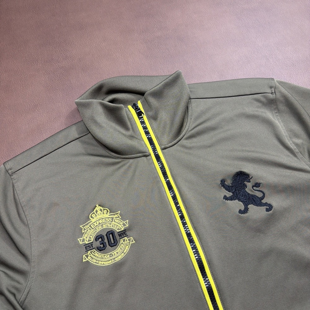 Vintage Y2K Express Men's Jacket Track Warm Up Lions Crest Logo XL Green 00s VTG